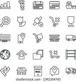 Thin Line Icon Set - route vector, earth, railroad, store, satellite, mobile tracking, truck trailer, car delivery, term, sea port, folder document, fragile, cargo, warehouse storage, no trolley