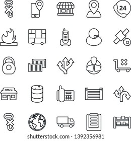Thin Line Icon Set - route vector, navigation, earth, store, satellite, office phone, 24 hours, support, client, mobile tracking, cargo container, car delivery, consolidated, clipboard, no trolley