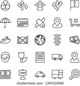 Thin Line Icon Set - route vector, signpost, navigation, earth, pin, important flag, satellite, cash, traffic light, client, sea shipping, car delivery, term, container, consolidated cargo, umbrella