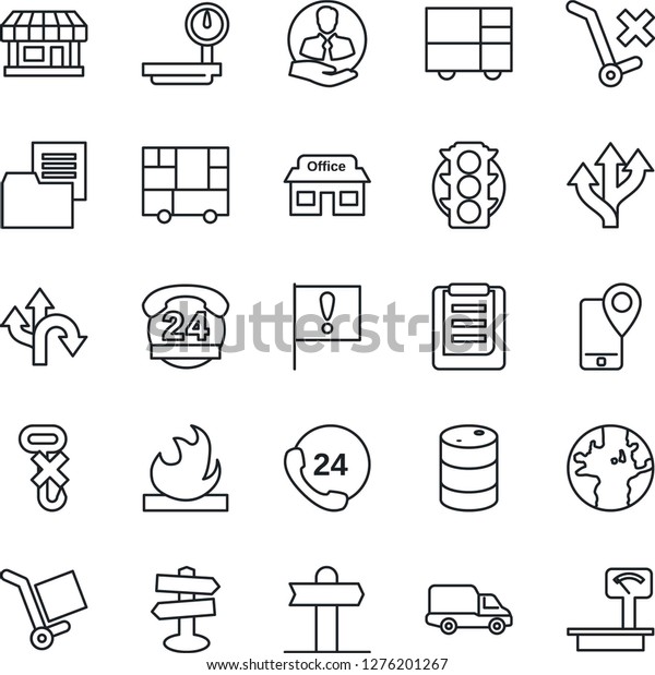 Thin Line Icon Set - route vector, signpost,\
earth, important flag, store, traffic light, 24 hours, client,\
mobile tracking, car delivery, consolidated cargo, clipboard,\
folder document, no\
trolley