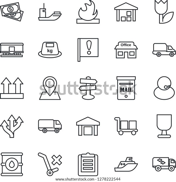 Thin Line Icon Set - route vector, signpost, pin,\
important flag, store, cash, support, sea shipping, car delivery,\
clipboard, fragile, cargo, up side sign, no trolley, tulip,\
warehouse, heavy