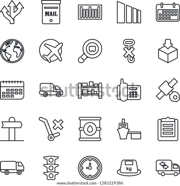 Thin Line Icon Set - route vector, signpost,\
earth, plane, satellite, traffic light, office phone, car delivery,\
clock, term, sea port, clipboard, no trolley, hook, package,\
sorting, heavy, barcode