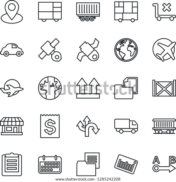 Thin Line Icon Set - route vector, earth, pin,\
railroad, store, plane, satellite, truck trailer, car delivery,\
term, receipt, container, consolidated cargo, clipboard, folder\
document, up side sign