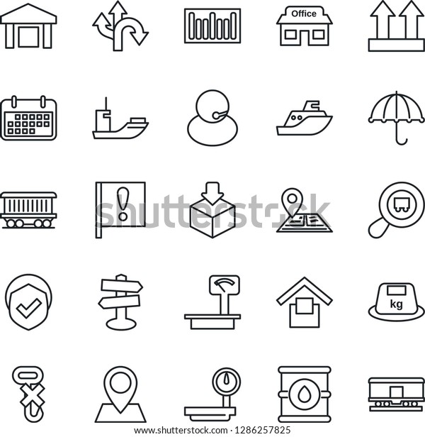 Thin Line Icon Set - route vector, signpost,\
navigation, pin, railroad, important flag, store, support, sea\
shipping, term, umbrella, warehouse storage, up side sign, no hook,\
package, shield, heavy