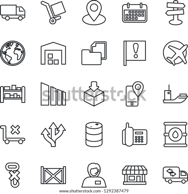 Thin Line Icon Set - route vector, signpost, earth,\
pin, important flag, store, plane, office phone, support, mobile\
tracking, sea shipping, car delivery, term, container, folder\
document, cargo