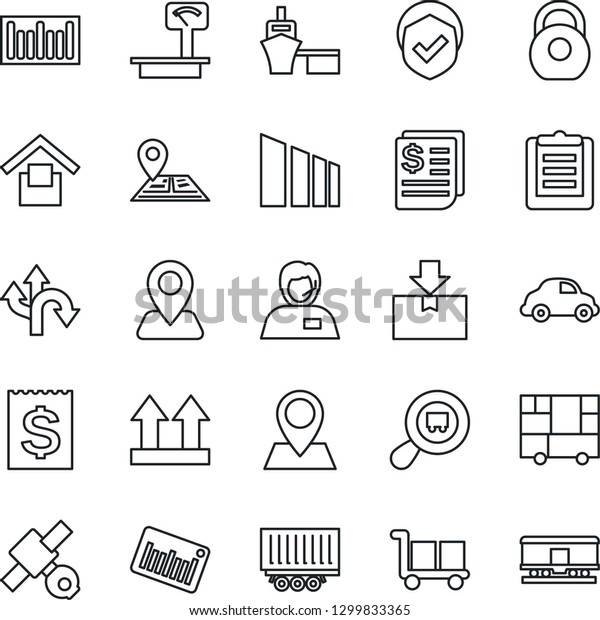 Thin Line Icon Set - route vector, navigation, pin,\
satellite, support, truck trailer, car delivery, receipt, sea port,\
consolidated cargo, clipboard, warehouse storage, up side sign,\
package, heavy
