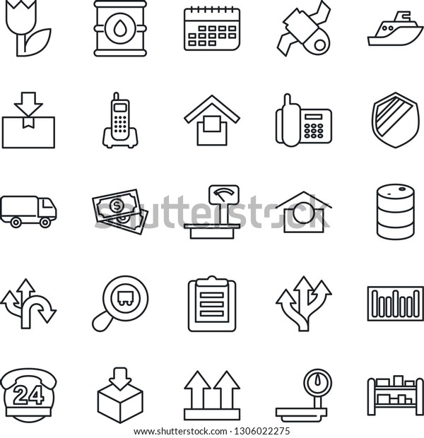 Thin Line Icon Set - route vector, satellite,
cash, office phone, 24 hours, sea shipping, car delivery, term,
clipboard, warehouse storage, up side sign, tulip, package, shield,
oil barrel, barcode