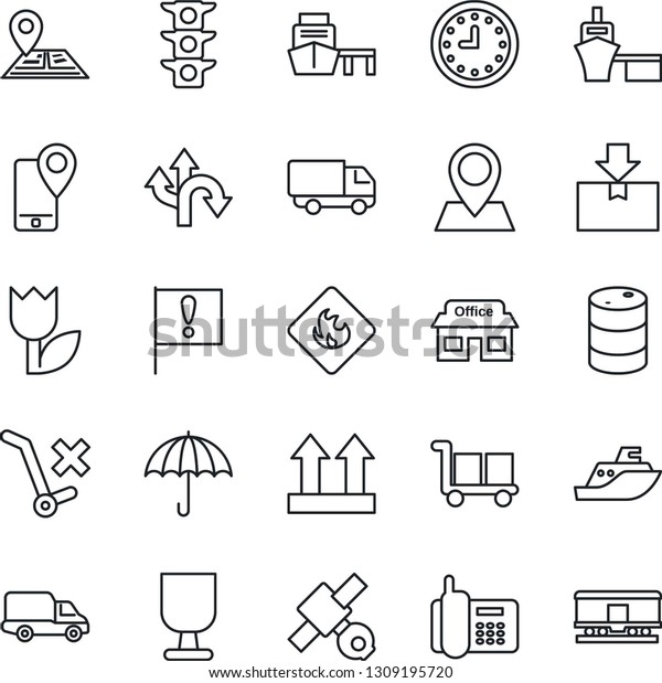 Thin Line Icon Set - route vector, navigation,\
pin, important flag, store, satellite, traffic light, office phone,\
mobile tracking, sea shipping, car delivery, clock, port, fragile,\
cargo, umbrella
