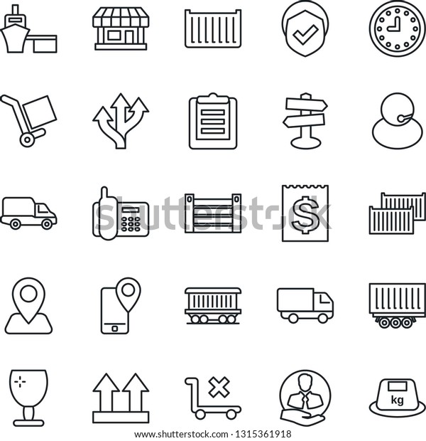 Thin Line Icon Set - route vector, signpost,\
navigation, railroad, store, office phone, support, client, mobile\
tracking, truck trailer, cargo container, car delivery, clock,\
receipt, sea port