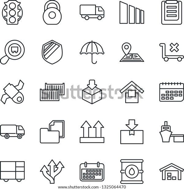 Thin Line Icon Set - route vector, navigation,\
satellite, traffic light, cargo container, car delivery, term, sea\
port, consolidated, clipboard, folder document, umbrella, warehouse\
storage, package
