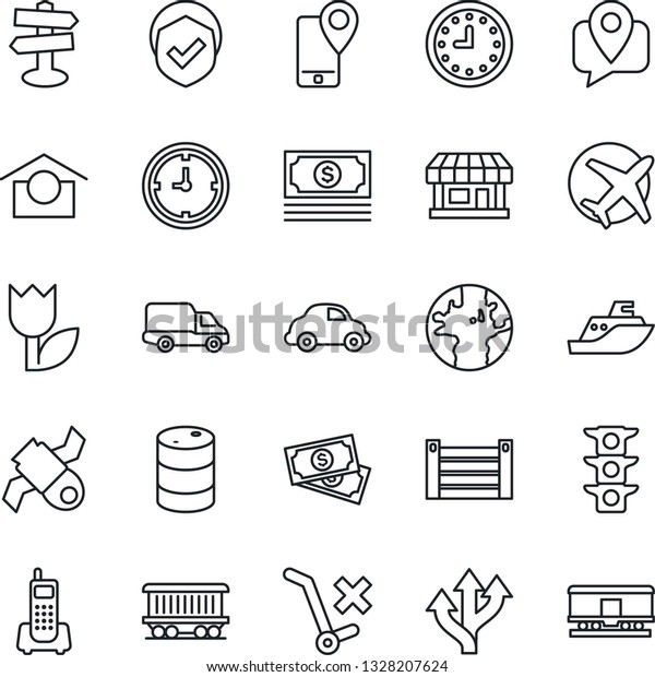 Thin Line Icon Set - route vector, signpost,\
earth, railroad, store, plane, satellite, cash, traffic light,\
office phone, mobile tracking, sea shipping, car delivery, clock,\
container, no trolley
