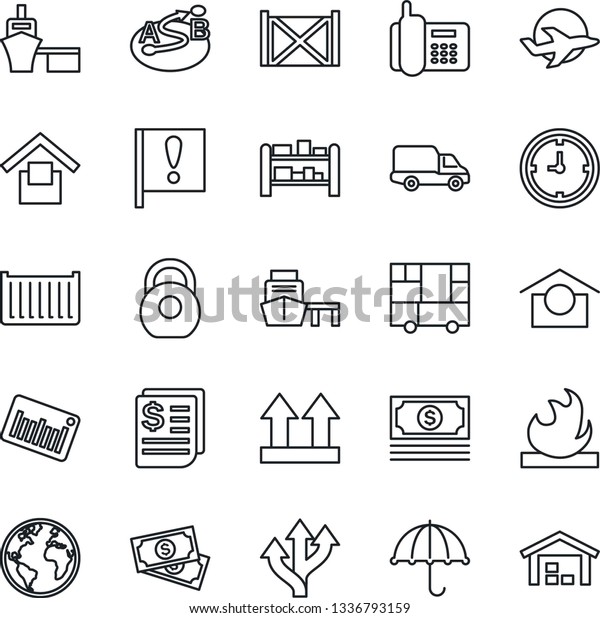 Thin Line Icon Set - route vector, earth, important\
flag, plane, cash, office phone, cargo container, car delivery,\
clock, receipt, sea port, consolidated, umbrella, warehouse\
storage, up side sign