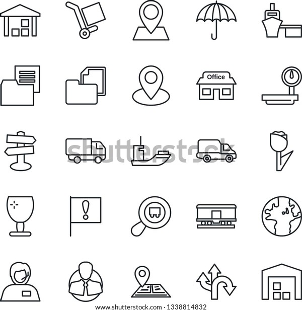 Thin Line Icon Set - route vector, signpost,\
navigation, earth, pin, important flag, store, support, client, sea\
shipping, car delivery, port, folder document, fragile, cargo,\
umbrella, tulip