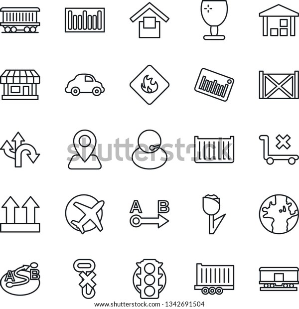 Thin Line Icon Set - route vector, navigation,\
earth, railroad, store, plane, traffic light, support, truck\
trailer, cargo container, car delivery, fragile, warehouse storage,\
up side sign, hook