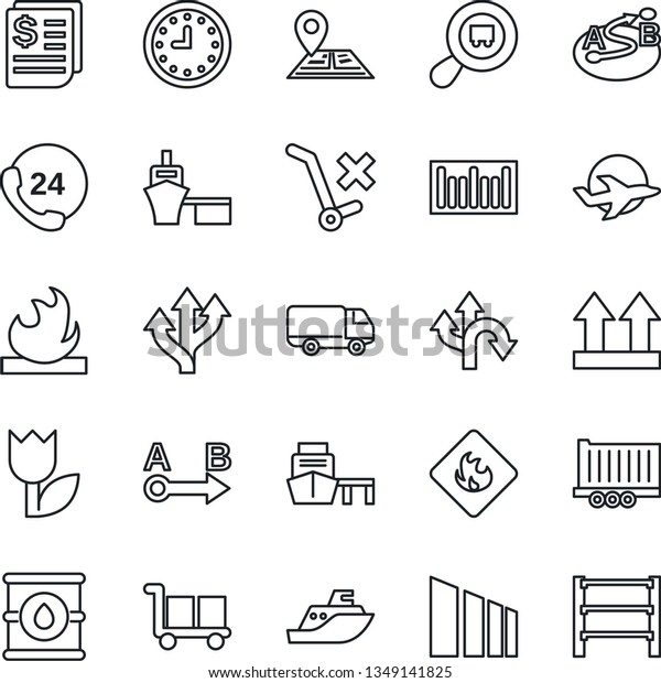 Thin Line Icon Set - route vector, navigation,\
plane, 24 hours, sea shipping, truck trailer, car delivery, clock,\
receipt, port, cargo, up side sign, no trolley, tulip, sorting,\
flammable, search
