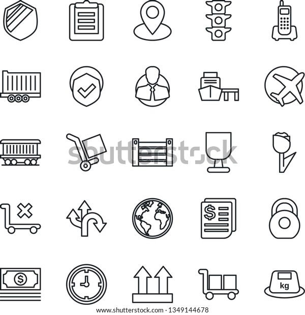 Thin Line Icon Set - route vector, earth, pin,\
railroad, plane, cash, traffic light, office phone, client, truck\
trailer, clock, receipt, sea port, container, clipboard, fragile,\
cargo, up side sign