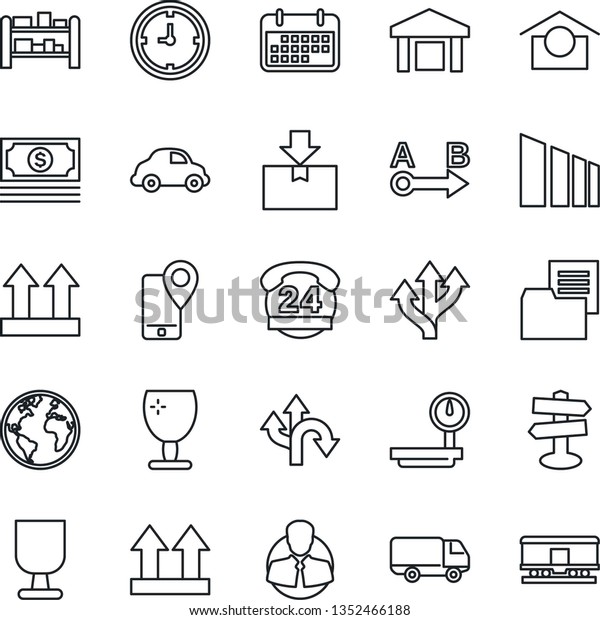 Thin Line Icon Set - route vector, signpost,\
earth, cash, 24 hours, client, mobile tracking, car delivery,\
clock, term, folder document, fragile, warehouse storage, up side\
sign, package, sorting