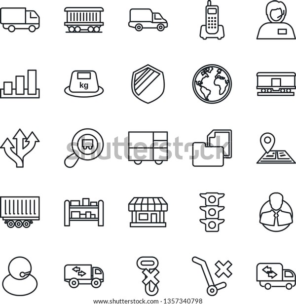 Thin Line Icon Set - route vector, navigation,\
earth, railroad, store, traffic light, office phone, support,\
client, truck trailer, car delivery, consolidated cargo, folder\
document, no trolley