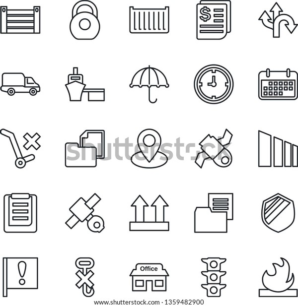 Thin Line Icon Set - route vector, pin, important\
flag, store, satellite, traffic light, cargo container, car\
delivery, clock, term, receipt, sea port, clipboard, folder\
document, umbrella, hook