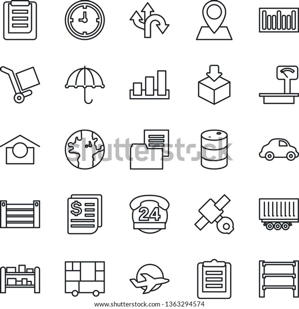 Thin Line Icon Set - route vector, earth, pin,\
plane, satellite, 24 hours, truck trailer, car delivery, clock,\
receipt, container, consolidated cargo, clipboard, folder document,\
umbrella, package