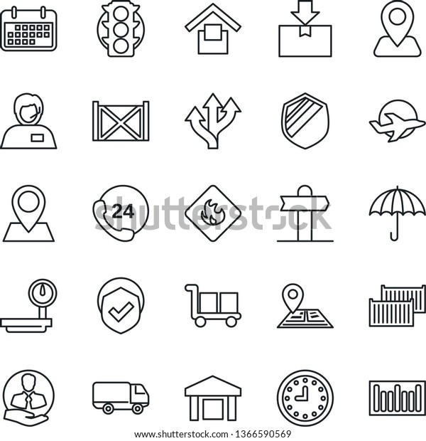 Thin Line Icon Set - route vector, signpost,\
navigation, pin, plane, traffic light, 24 hours, support, client,\
cargo container, car delivery, clock, term, umbrella, warehouse\
storage, package