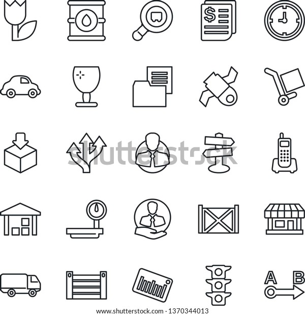 Thin Line Icon Set - route vector, signpost,\
store, satellite, traffic light, office phone, client, car\
delivery, clock, receipt, container, folder document, fragile,\
cargo, tulip, warehouse,\
search