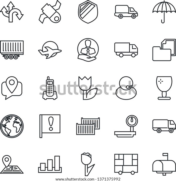 Thin Line Icon Set - route vector,\
navigation, earth, important flag, plane, satellite, office phone,\
support, client, mobile tracking, truck trailer, cargo container,\
car delivery,\
consolidated