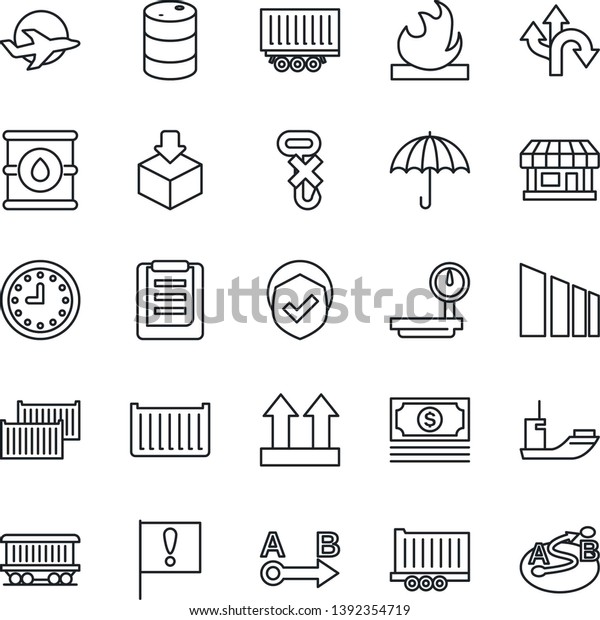 Thin Line Icon Set - route vector, railroad,\
important flag, store, plane, cash, sea shipping, truck trailer,\
cargo container, clock, clipboard, umbrella, up side sign, no hook,\
package, sorting
