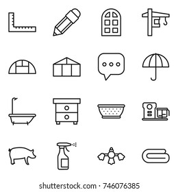 thin line icon set : ruler, pencil, arch window, tower crane, greenhouse, sms, dry cargo, bath, nightstand, colander, food processor, pig, sprayer, hard reach place cleaning, towel