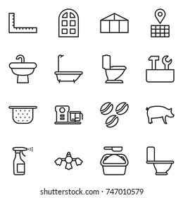 thin line icon set : ruler, arch window, greenhouse, map, sink, bath, toilet, repair tools, colander, food processor, coffee seeds, pig, sprayer, hard reach place cleaning, washing powder