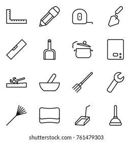 Thin line icon set : ruler, pencil, measuring tape, construction, level, scoop, steam pan, kitchen scales, soil cutter, mortar, fork, wrench, rake, sponge, plunger