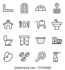 Thin line icon set : ruler, arch window, greenhouse, map, bungalow, cafe, baggage trolley, sink, toilet, nightstand, colander, food processor, beans, coffee seeds, viruses, sprayer