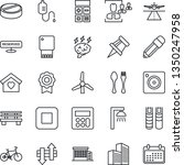 Thin Line Icon Set - runway vector, spoon and fork, calculator, brainstorm, bench, dropper, pills, bike, stop button, mobile camera, data exchange, sertificate, drawing pin, office building, hr
