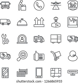 Thin Line Icon Set - runway vector, airport bus, phone, baby room, reception, mobile, ambulance car, doctor, office, 24 hours, support, cargo container, delivery, consolidated, up side sign, search