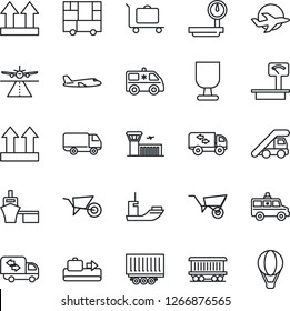 Thin Line Icon Set - runway vector, baggage conveyor, trolley, ladder car, plane, airport building, wheelbarrow, ambulance, railroad, sea shipping, truck trailer, delivery, port, consolidated cargo