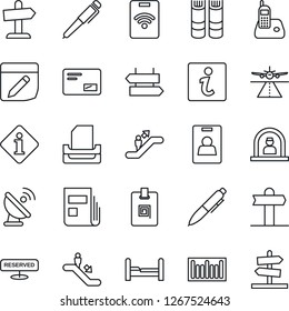 Thin Line Icon Set - runway vector, escalator, signpost, reception, book, pen, barcode, satellite antenna, radio phone, mail, notes, news, identity card, paper tray, bedroom, reserved, information