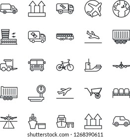 Thin Line Icon Set - runway vector, departure, arrival, airport bus, waiting area, fork loader, plane, building, wheelbarrow, bike, earth, sea shipping, truck trailer, car delivery, port, moving