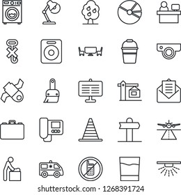 Thin Line Icon Set - runway vector, no mobile, baby room, border cone, case, manager place, bucket, ambulance car, signpost, satellite, hook, speaker, mail, themes, presentation board, pie graph