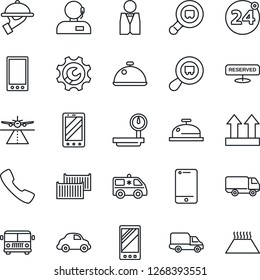 Thin Line Icon Set - runway vector, airport bus, 24 around, mobile phone, ambulance car, cargo container, delivery, up side sign, heavy scales, search, cell, call, root setup, support, waiter, dish