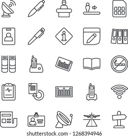 Thin Line Icon Set - runway vector, satellite antenna, escalator, no smoking, reception, identity card, book, pen, document reload, pulse clipboard, office phone, barcode, radio, sim, notes, news