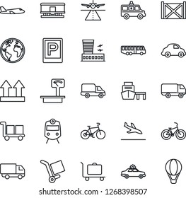 Thin Line Icon Set - runway vector, arrival, baggage trolley, airport bus, parking, train, alarm car, plane, building, ambulance, bike, earth, delivery, sea port, container, cargo, up side sign