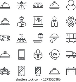 Thin Line Icon Set - runway vector, taxi, reception bell, mobile phone, ambulance car, doctor, 24 hours, support, client, delivery, consolidated cargo, heavy scales, scanner, root setup, moving
