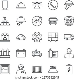 Thin Line Icon Set - runway vector, airport bus, 24 around, phone, reception, ambulance car, office, hours, support, cargo container, delivery, consolidated, up side sign, mobile, scanner, dish