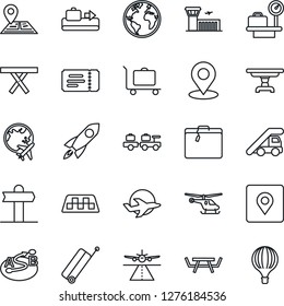 Thin Line Icon Set - runway vector, taxi, suitcase, baggage conveyor, trolley, ticket, larry, ladder car, helicopter, luggage scales, plane globe, airport building, picnic table, signpost, earth