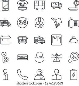 Thin Line Icon Set - runway vector, airport bus, 24 around, reception bell, ambulance car, office phone, hours, support, client, consolidated cargo, heavy scales, search, cell, call, scanner, moving