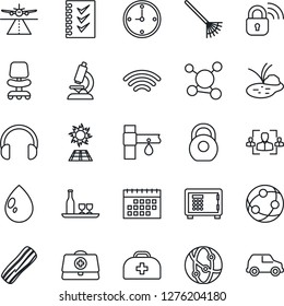 Thin Line Icon Set - runway vector, safe, office chair, rake, water drop, pond, drip irrigation, doctor case, microscope, molecule, heavy, network, headphones, wireless, calendar, clock, hr, alcohol