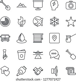 Thin Line Icon Set - runway vector, airport bus, radar, coffee, brainstorm, job, fire, water drop, plane, camera, speaker, dialog, hdmi, place tag, presentation board, tie, handshake, mountains