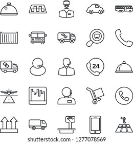 Thin Line Icon Set - runway vector, taxi, airport bus, phone, mobile, doctor, 24 hours, support, cargo container, car delivery, up side sign, heavy scales, search, call, scanner, moving, dish