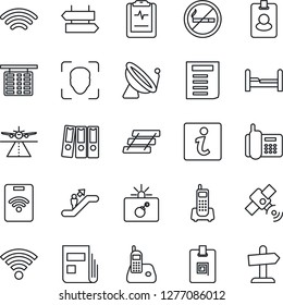Thin Line Icon Set - runway vector, satellite antenna, escalator, no smoking, signpost, bomb in case, flight table, document, pulse clipboard, office phone, radio, wireless, face id, news, tray