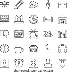 Thin Line Icon Set - runway vector, female, coffee, pencil, circle chart, sickle, monitor pulse, ambulance star, pregnancy, store, up side sign, equalizer, headphones, finger down, user, alarm, tv
